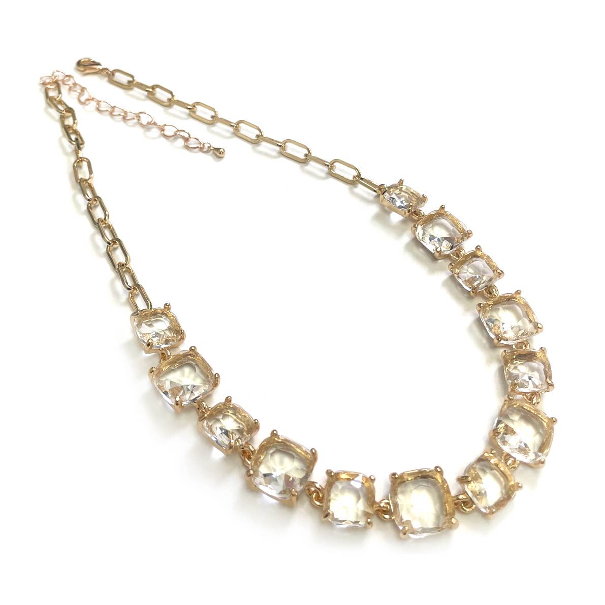 StarryNYC - Cushion Cut Square Glass Crystal Linked Chain Necklace