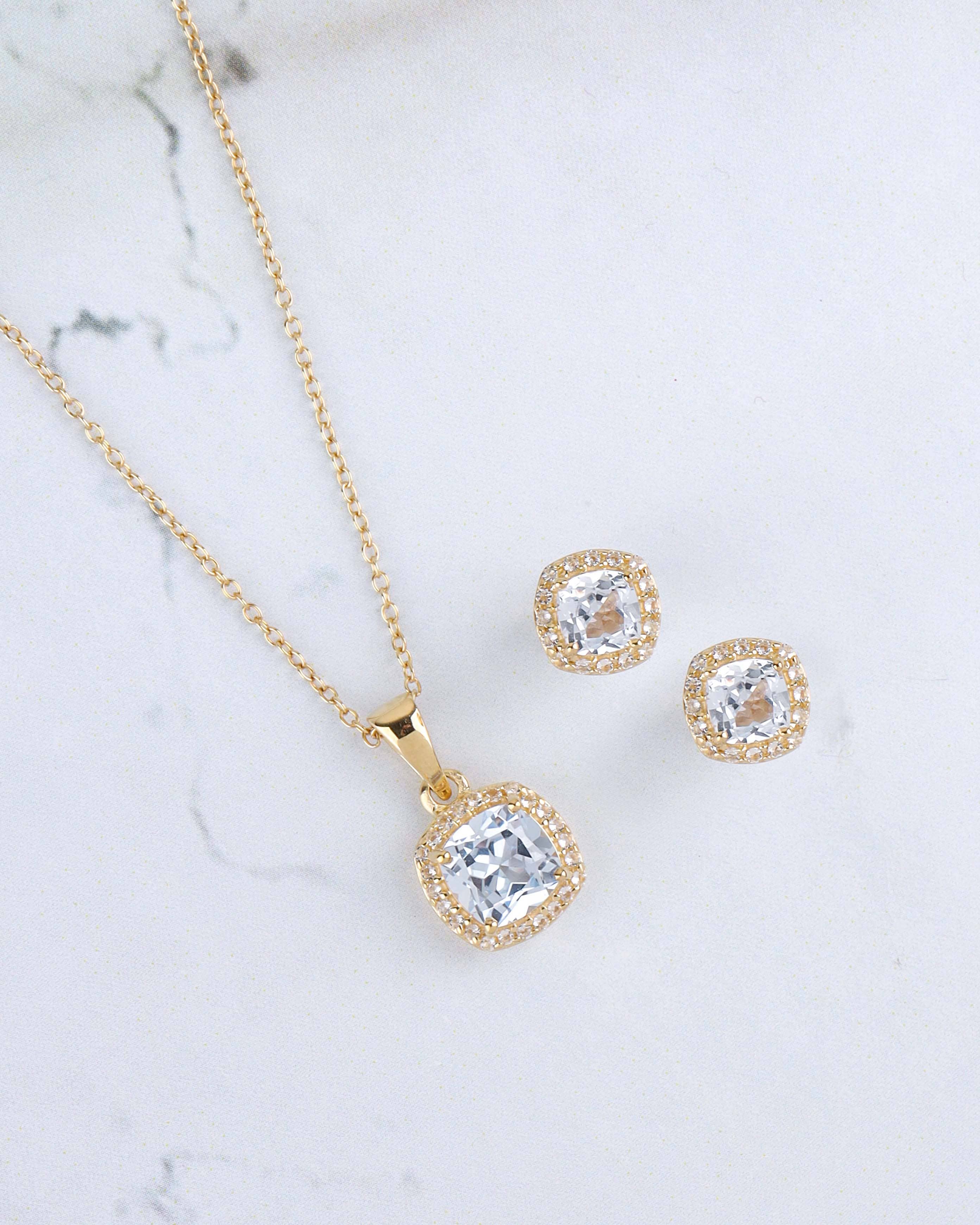 Tiramisu - 14K Gold Plated Sky Blue Topaz Earring & Necklace Set