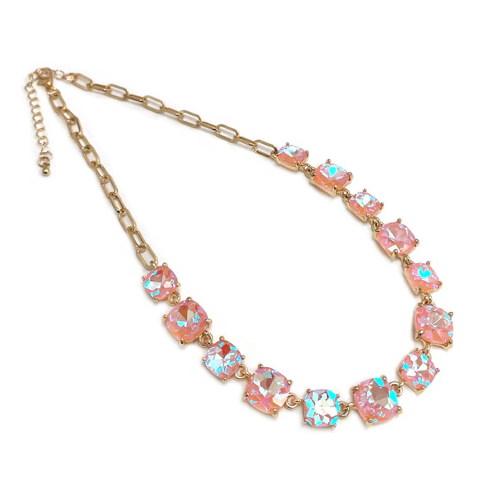 StarryNYC - Cushion Cut Square Glass Crystal Linked Chain Necklace