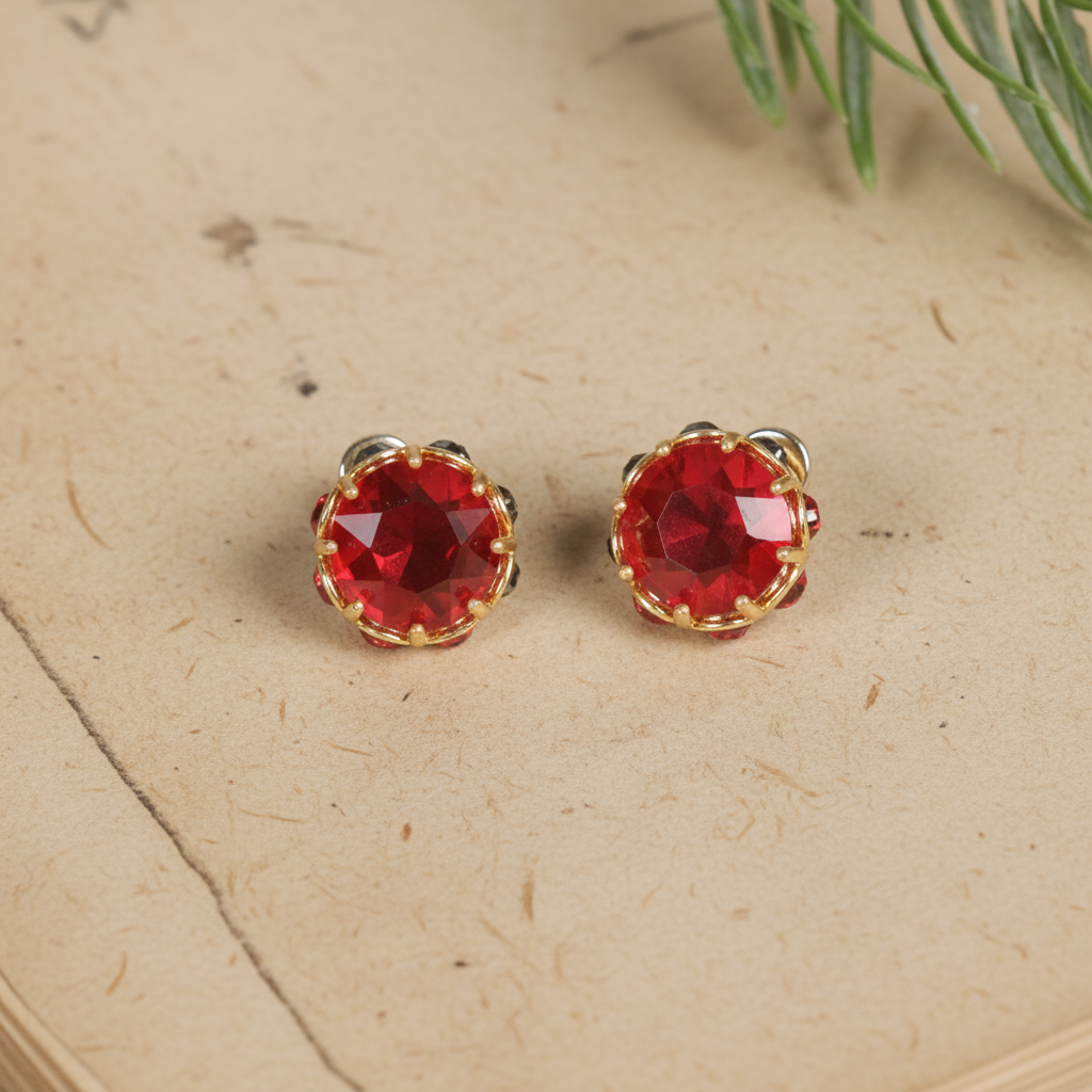 GirlyPirateCo - Vintage 18K Gold Plated Rose Red Crystal Stud Earrings
