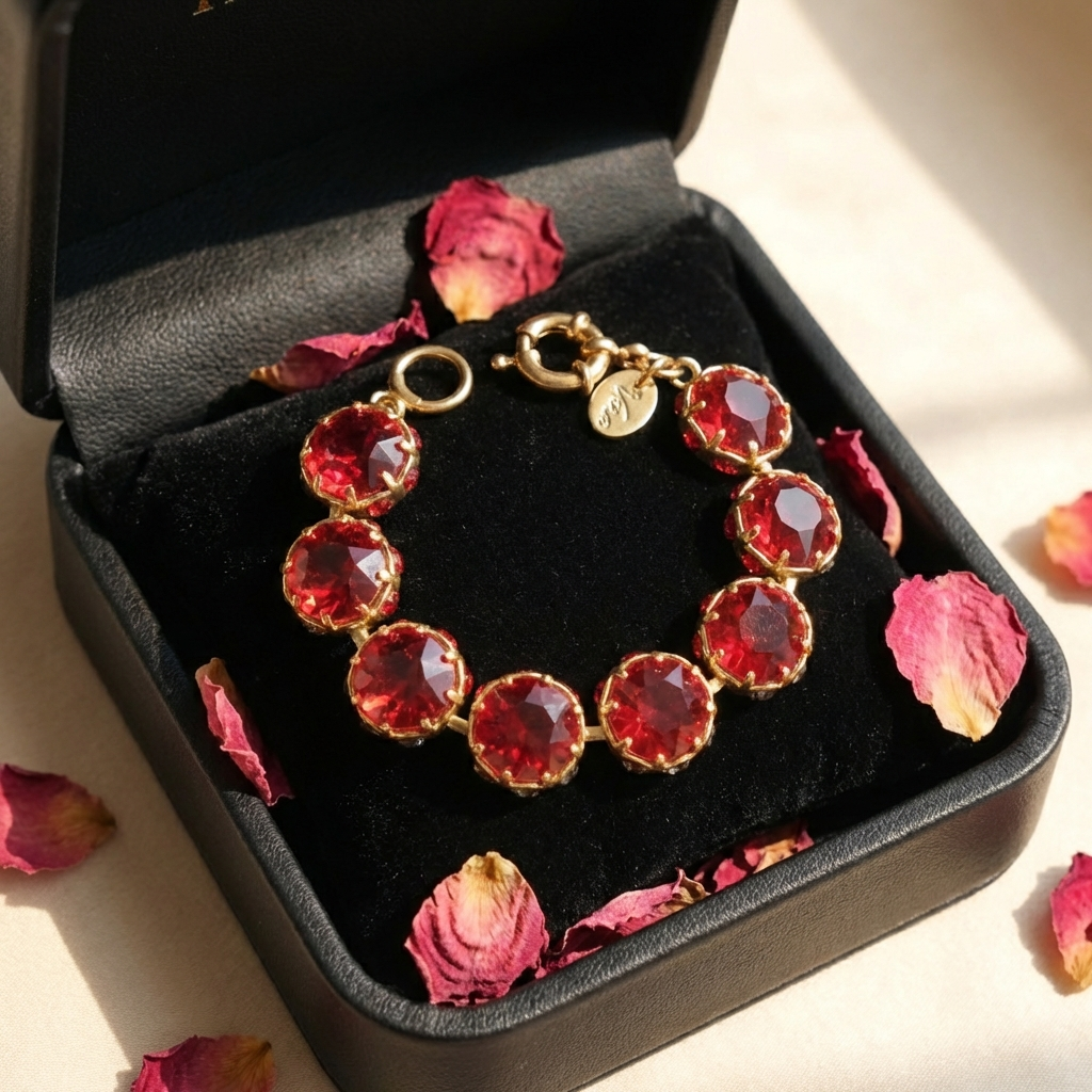 GirlyPirateCo - Vintage 18K Gold Plated Rose Red Crystal Bracelet