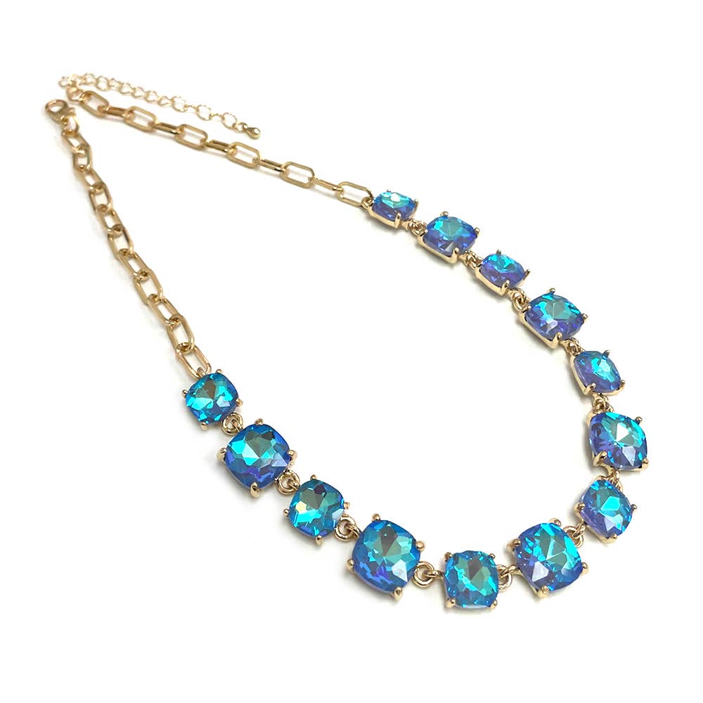 StarryNYC - Cushion Cut Square Glass Crystal Linked Chain Necklace