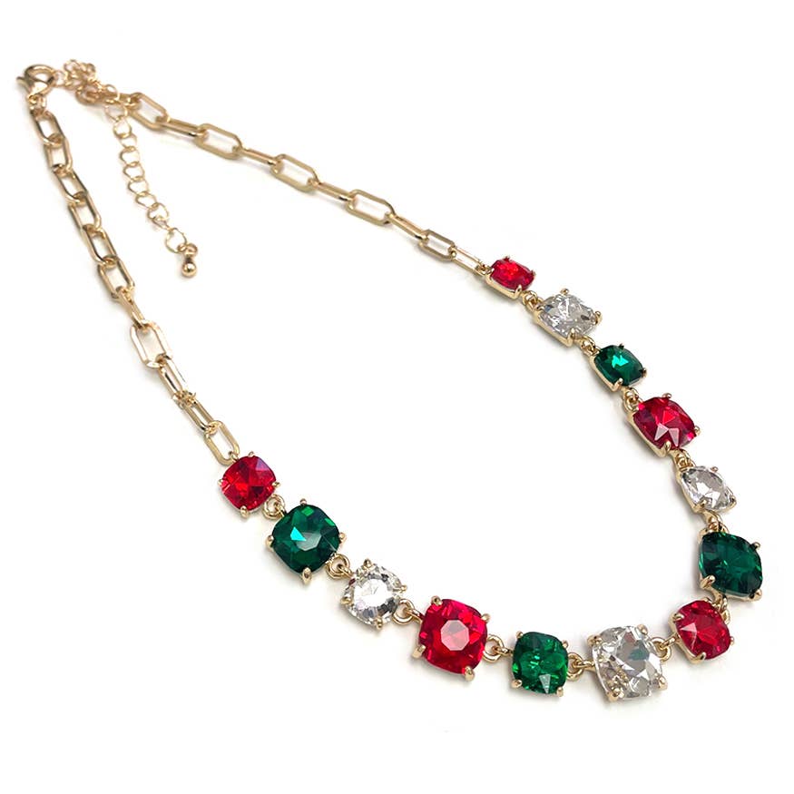 StarryNYC - Cushion Cut Square Glass Crystal Linked Chain Necklace