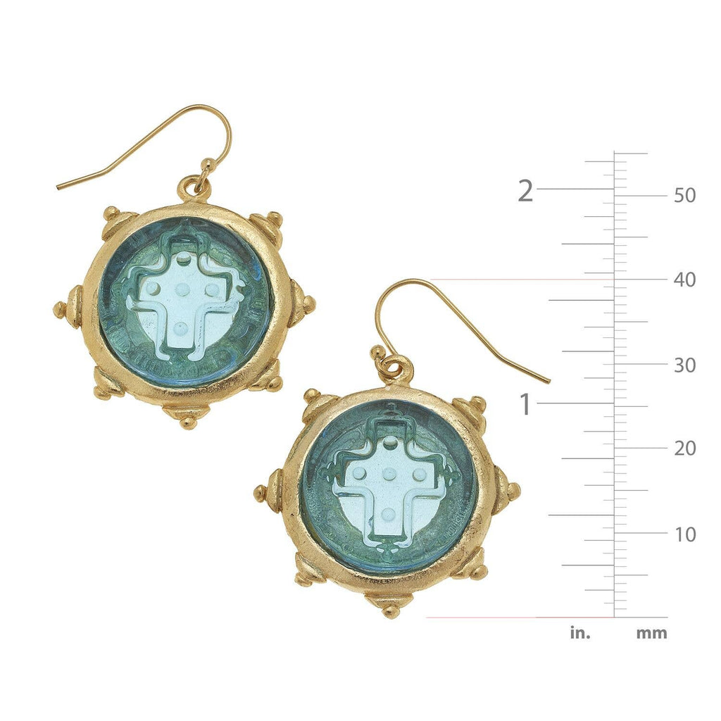 Susan Shaw - Aqua Venetian Glass Cross Intaglio Earrings