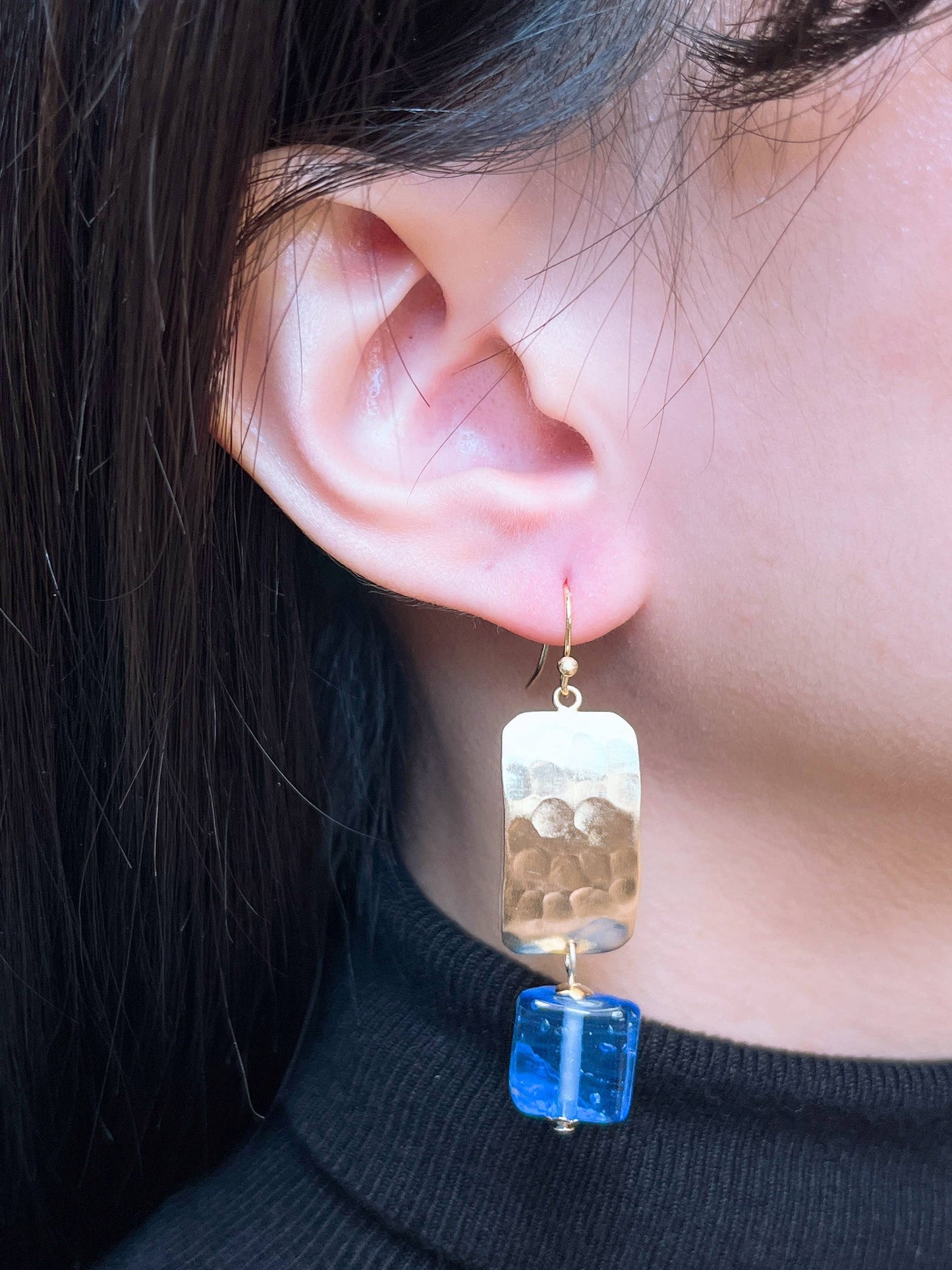 Zoey Simmons - Tanzanite Murano Glass & Hammered Rectangle Earrings - GF