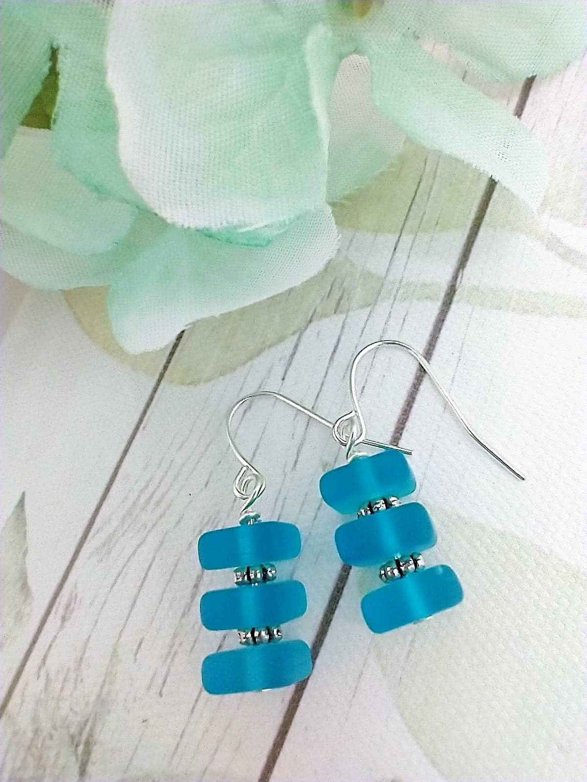 Bad Apple Designs - Stacked Square Sea Glass, .925 Sterling Silver Dangle Earrin