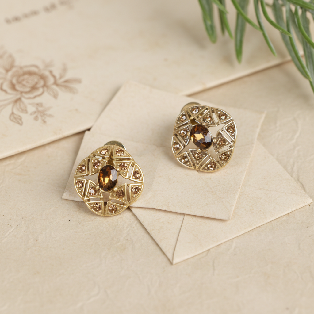GirlyPirateCo - Vintage 18K Gold Plated Hollow Caramel Crystals Earrings