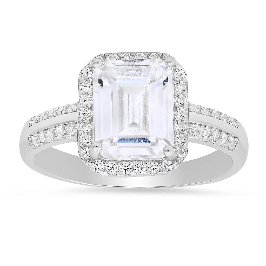 Queen Jewels - Sterling Silver Emerald-cut Halo CZ Ring