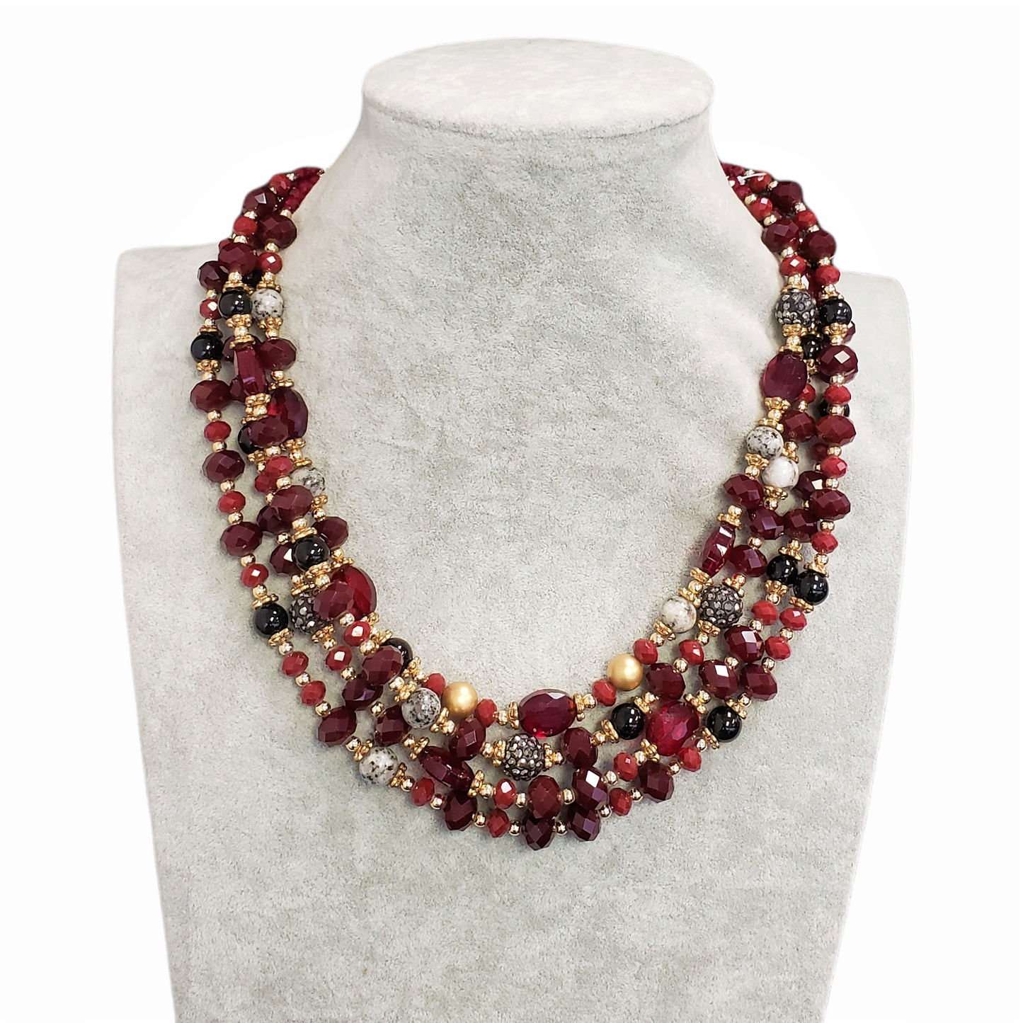 Gardenia Jewelry Ltd. - Graduated Multi Strand Burgundy & Gold Statement Necklace