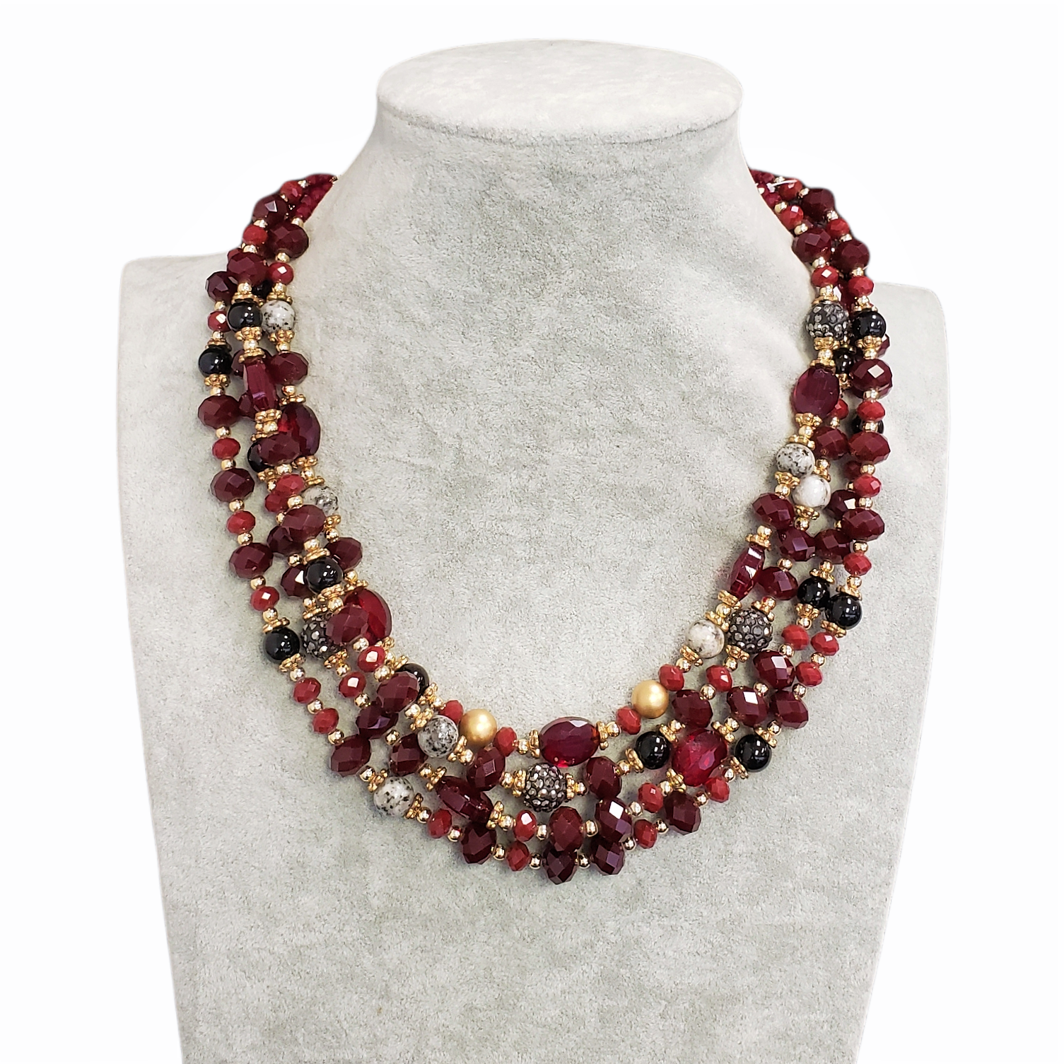 Gardenia Jewelry Ltd. - Graduated Multi Strand Burgundy & Gold Statement Necklace