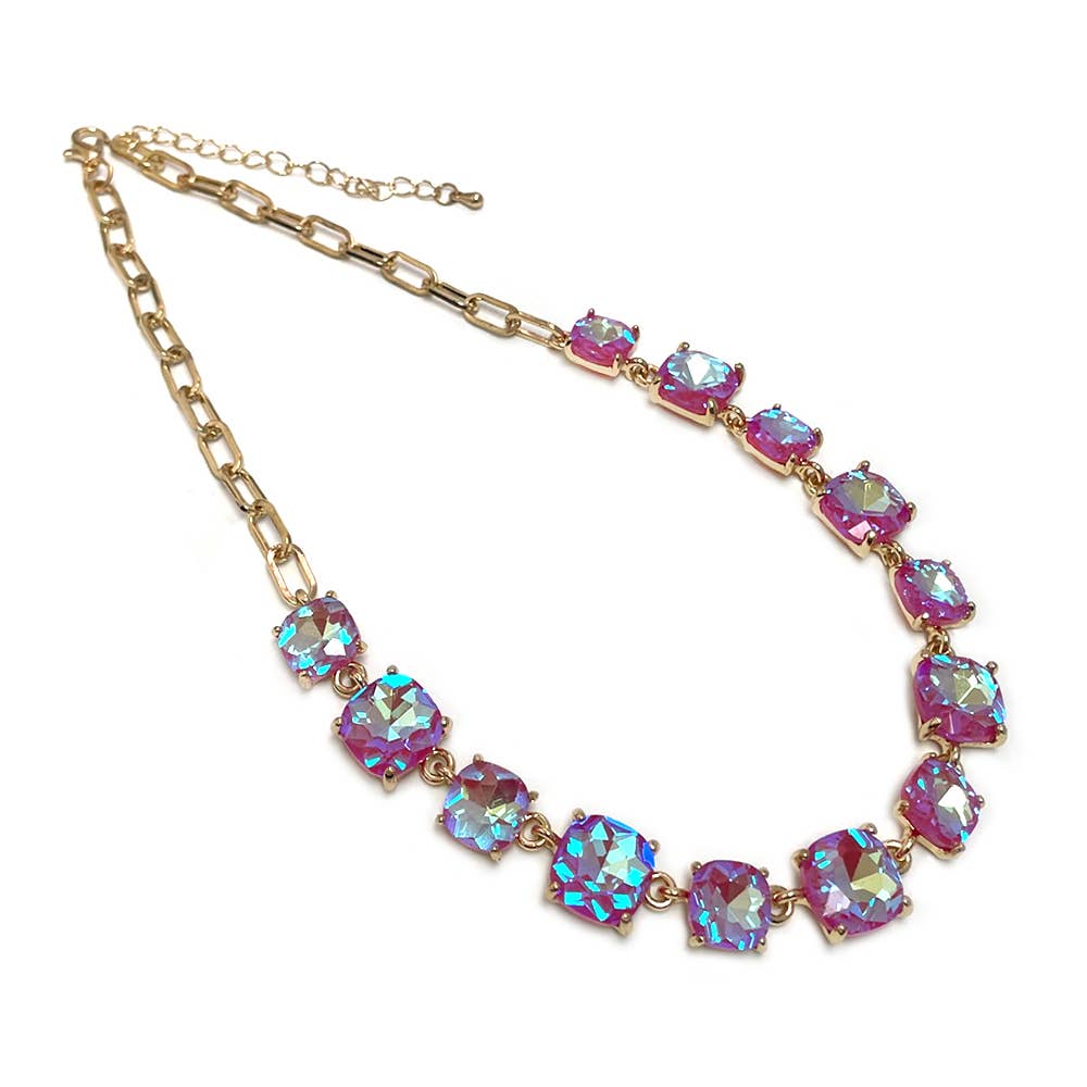 StarryNYC - Cushion Cut Square Glass Crystal Linked Chain Necklace