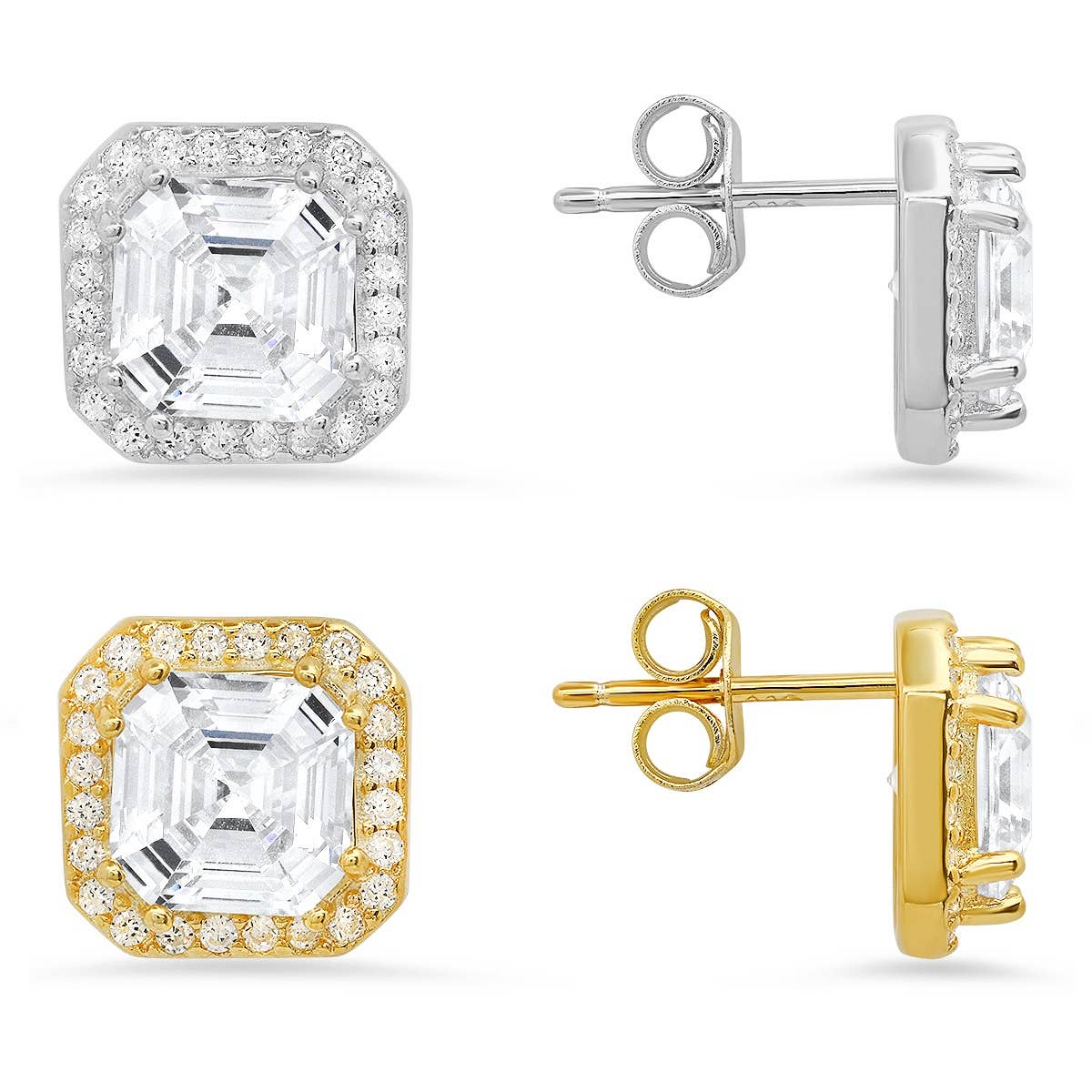 Queen Jewels - 925 Silver/Gold Asscher-cut Halo Stud Earrings