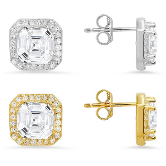 Queen Jewels - 925 Silver/Gold Asscher-cut Halo Stud Earrings