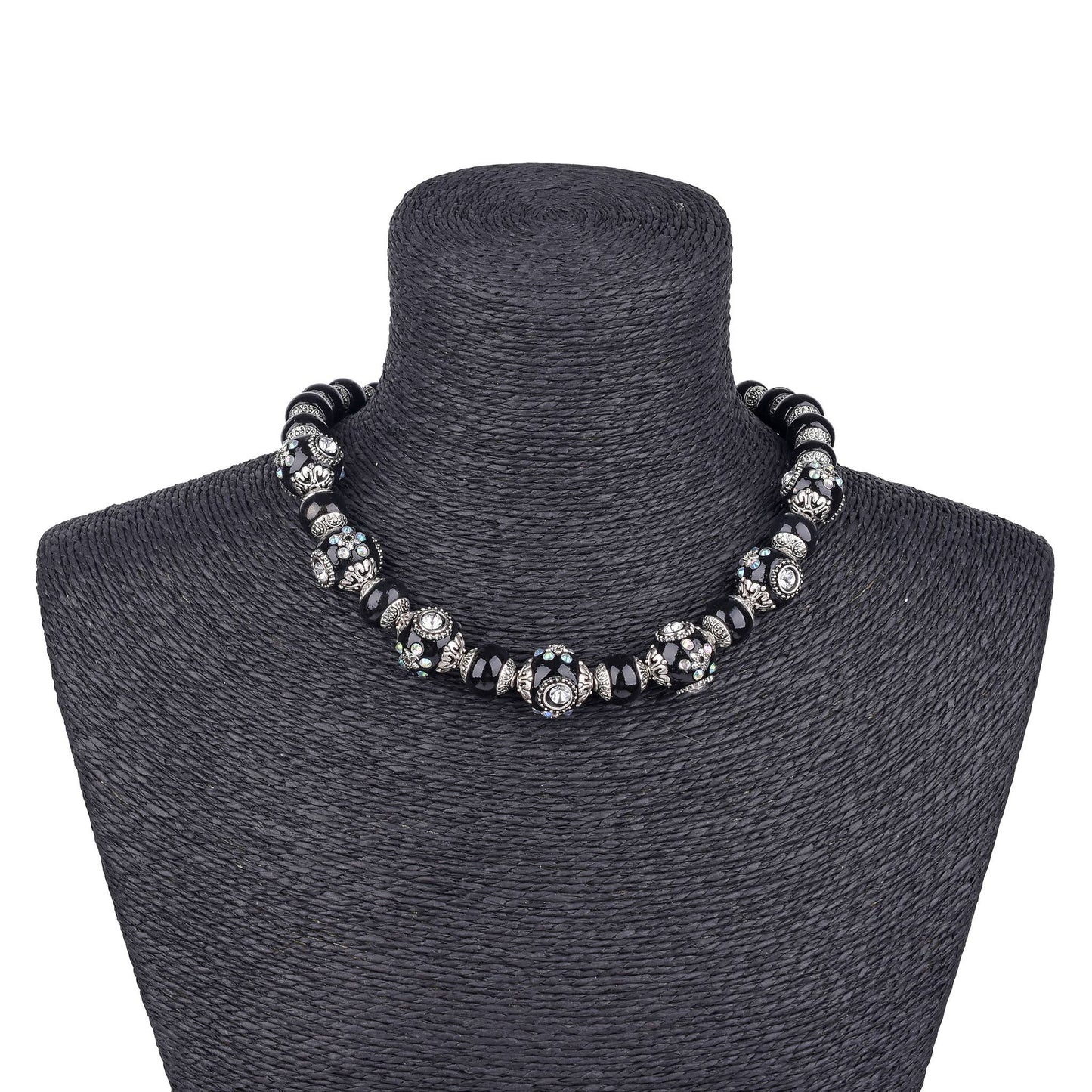 Gardenia Jewelry Ltd. - Graduated Black Ceramic & Rhinestone Lamp Work Bead Necklace