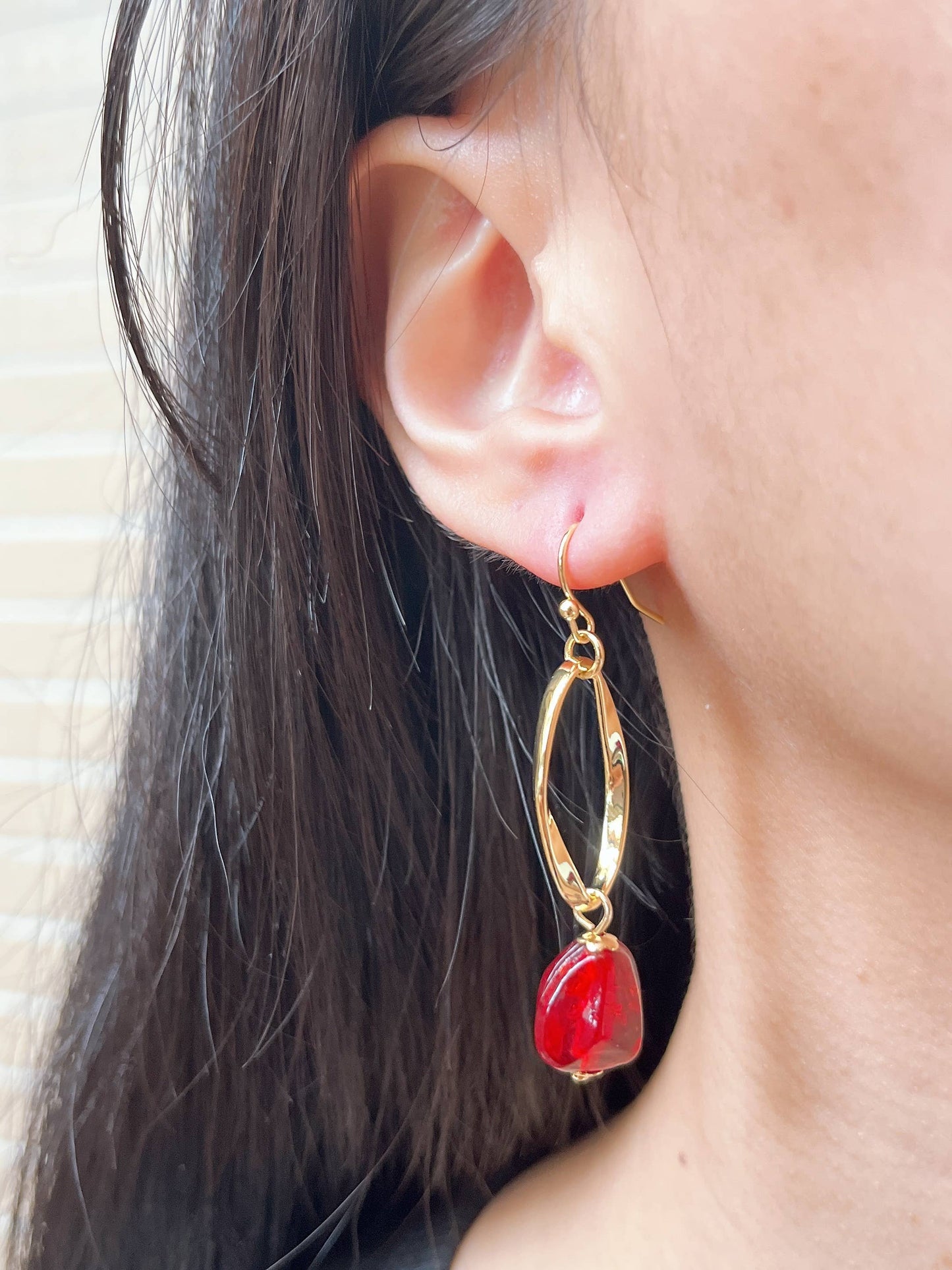 Zoey Simmons - Red Murano Glass & Freeform Hoop Drop Earrings - GF
