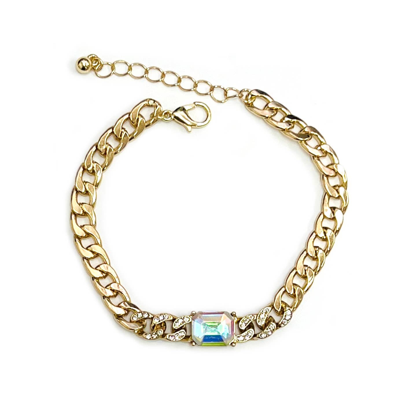 StarryNYC - Square Cushion Cut Glass with Curbed Chain Metal Bracelet