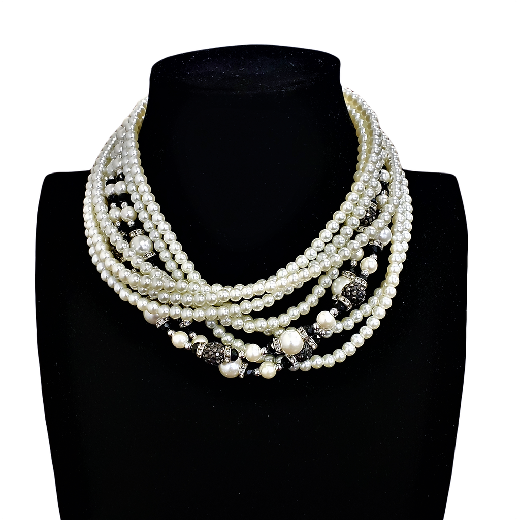 Gardenia Jewelry Ltd. - Pearl & Rhinestone Fireball Twist w/ Chunky Clasp Necklace