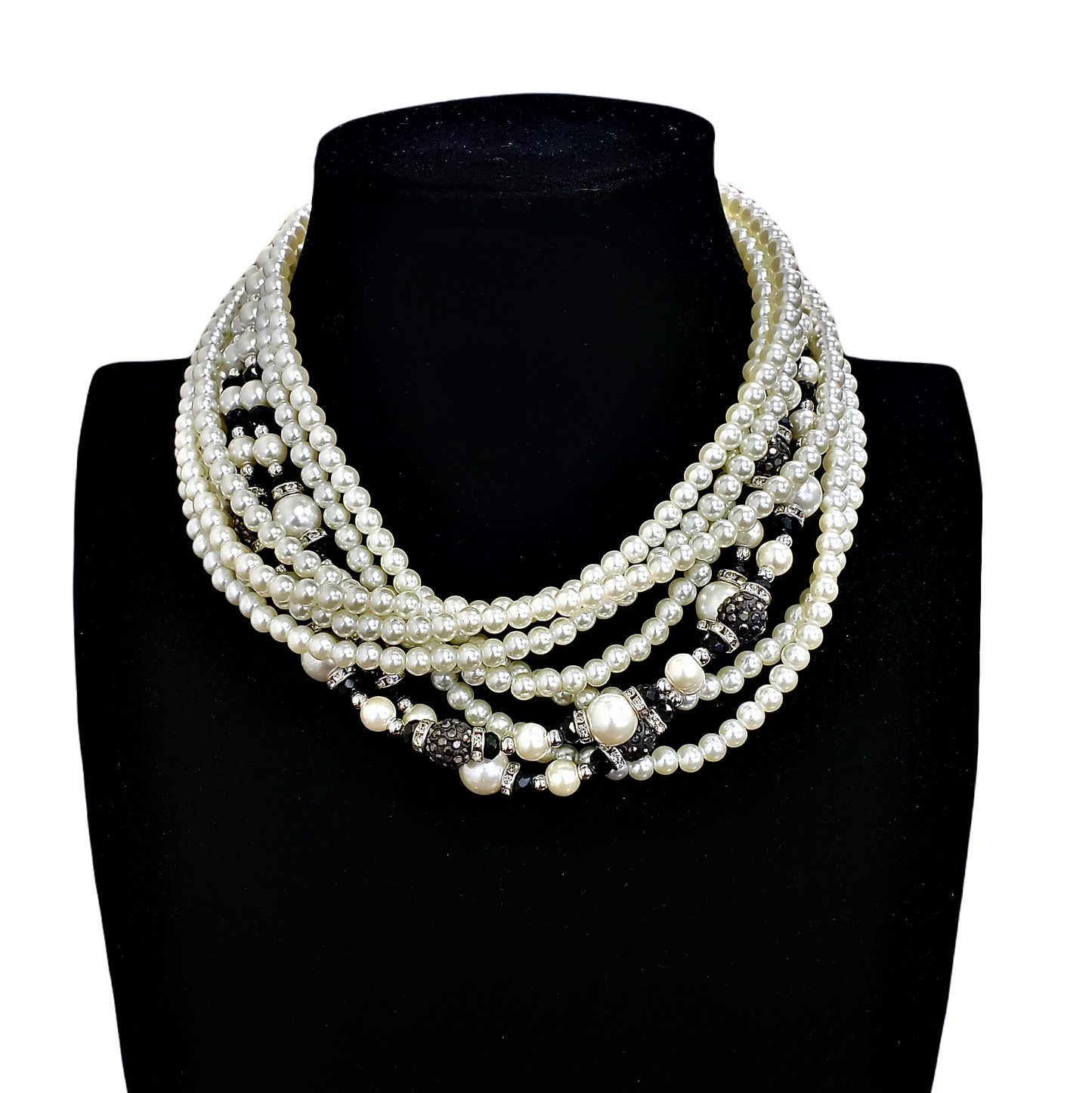 Gardenia Jewelry Ltd. - Pearl & Rhinestone Fireball Twist w/ Chunky Clasp Necklace