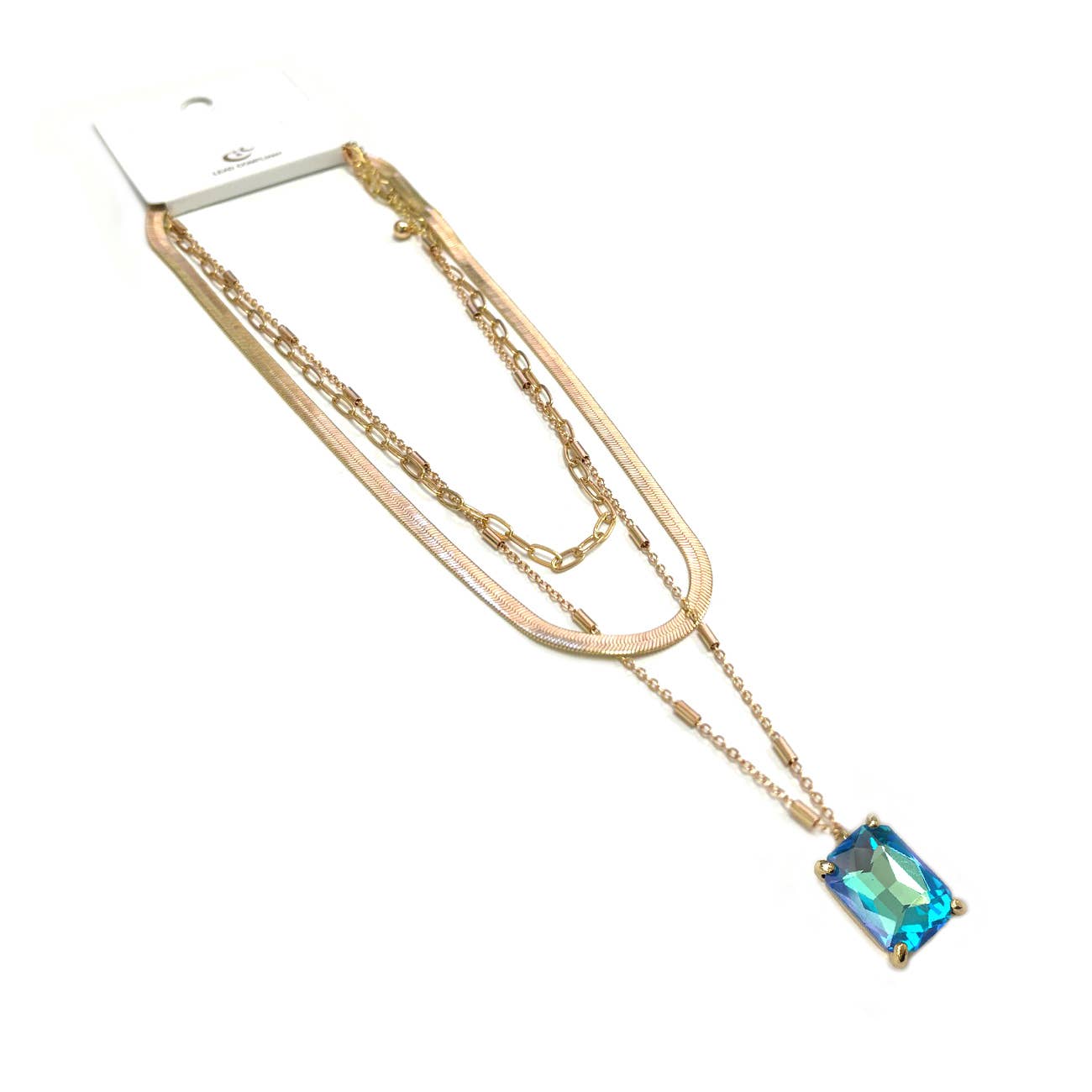 StarryNYC - Square Glass Pendant Multi Layer 3 Row Chain Necklace