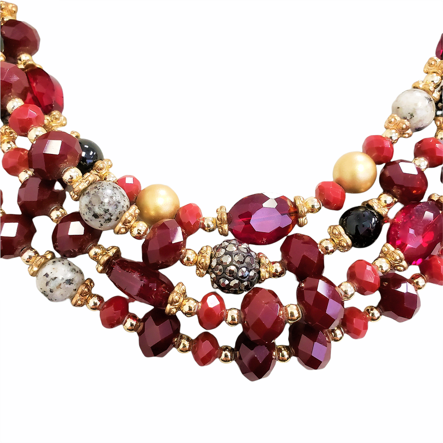 Gardenia Jewelry Ltd. - Graduated Multi Strand Burgundy & Gold Statement Necklace