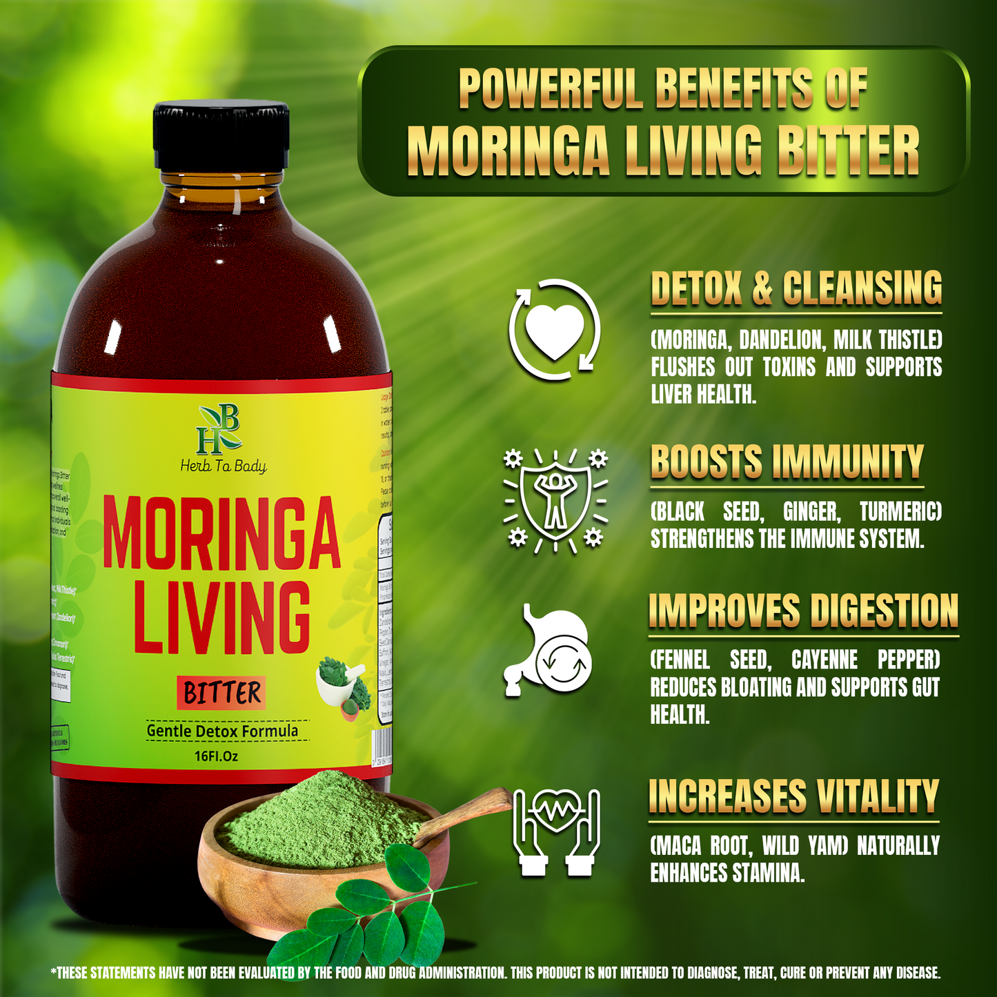 Herb To Body - Moringa Living Bitter Oral Supplement 16oz