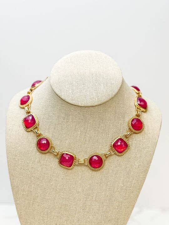 Prep Obsessed Wholesale - Red Jeweled Toggle Statement Necklace