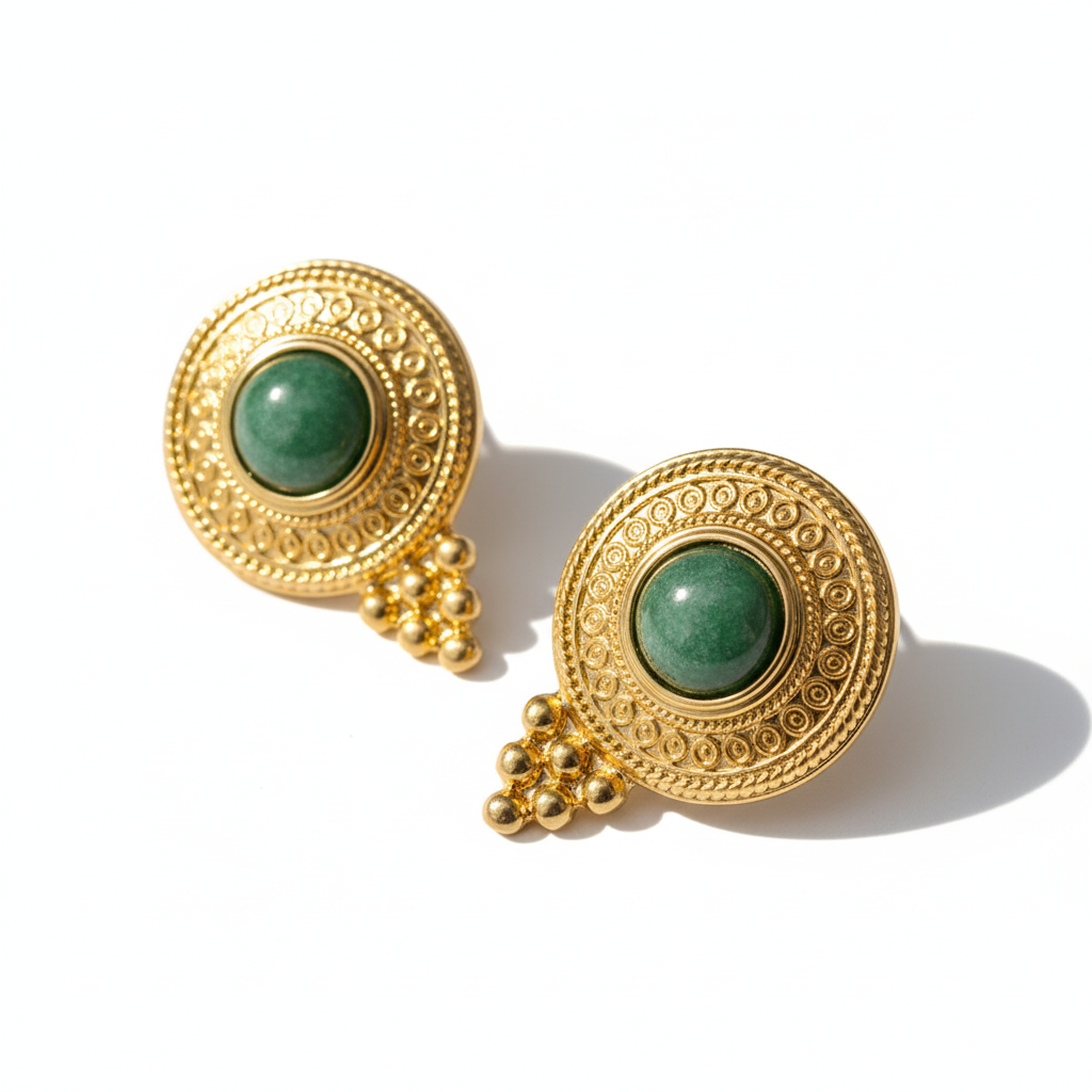 GirlyPirateCo - Vintage 18K Gold Plated Natural Green Stone Earrings