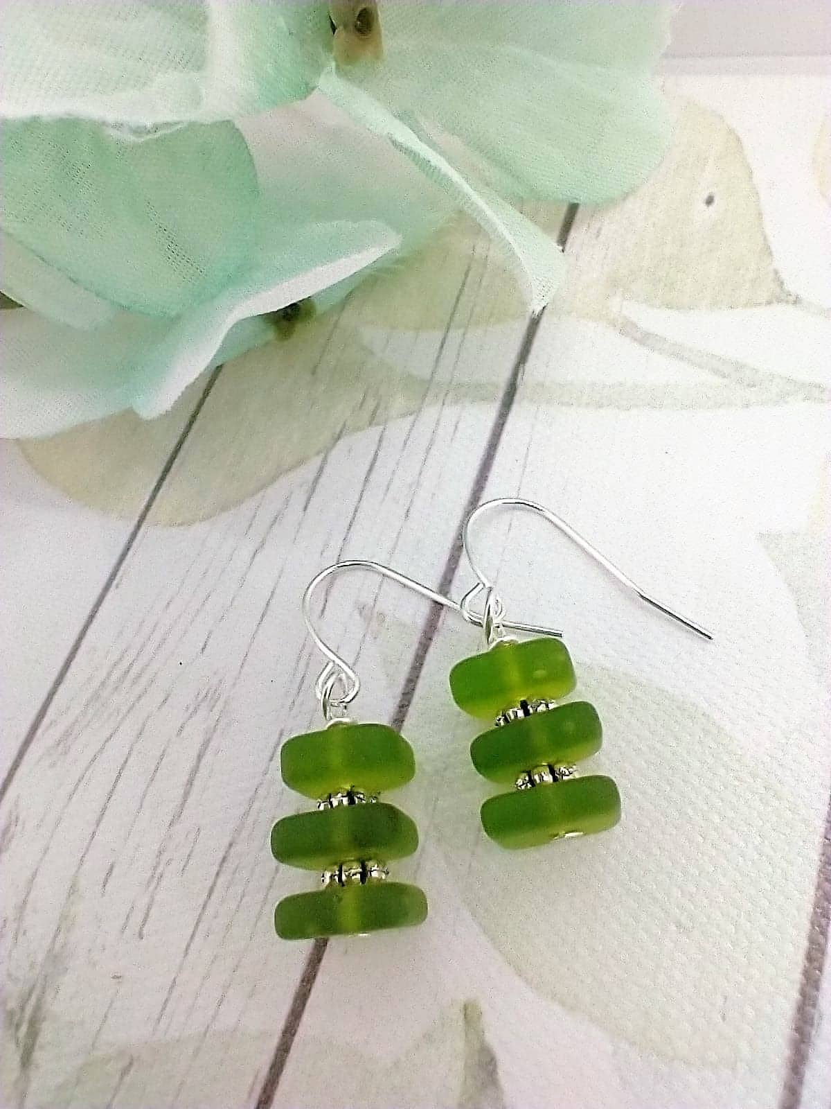 Bad Apple Designs - Stacked Square Sea Glass, .925 Sterling Silver Dangle Earrin