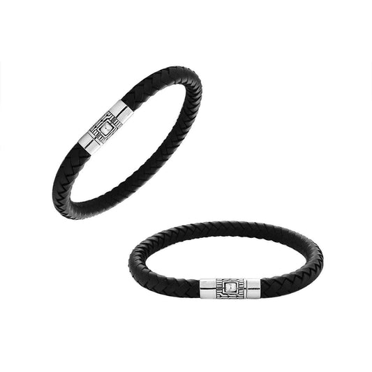 Bali Designs - AB-1137-LT-BLK-8.5" Sterling Silver Bracelet With Black Leather
